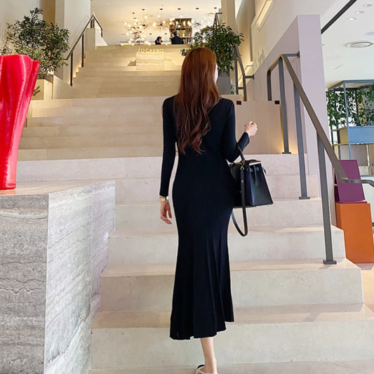 Vintage Korean Maxi Dresses for Women Party Long Sleeve V-neck Mermaid Dress