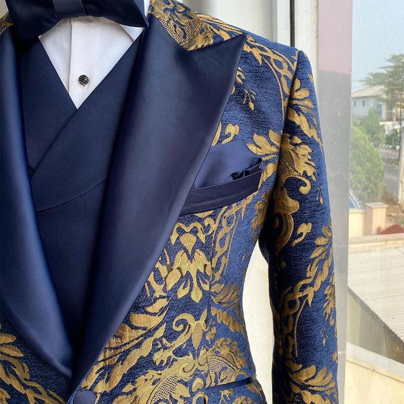 Tuxedo for Mens: Floral Suits for Men Wedding Slim Fit Navy Blue and Gold Jacquard