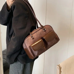 Womens Shoulder Bag Soft Suede with PU Leather Bowling Handbag Casual