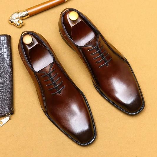 Handmade Mens Wingtip Oxford Shoes Genuine Calf Leather Traditional Carving
