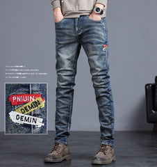 Embroidered Jeans Men's Autumn Winter New Korean Fashion Slim Little Feet Trousers