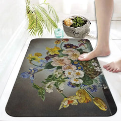 Retro floral oil painting printed area rug non-slip absorbent bathroom toilet entrance