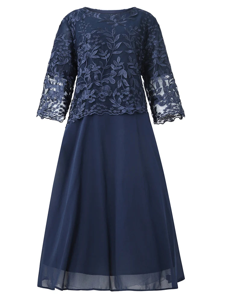 Plus Size Women Clothing Spring Summer Embroidery Fake Two Piece Party Dress