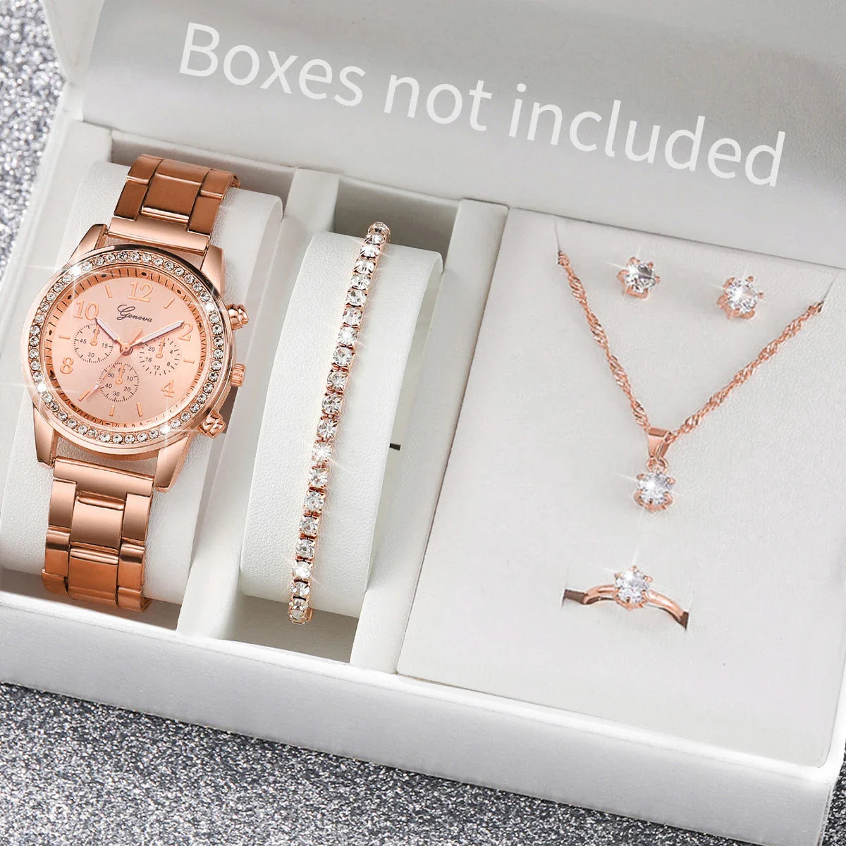 6PCS/Set Fashion Rhinestone Women Watches Analog Quartz Wrist Watch Jewelry Set Reloj Mujer(Without Box)