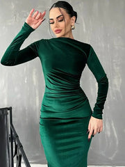 Formal attire Dresses: Women O-neck Folds High Waist Mid-calf Velvet Dress