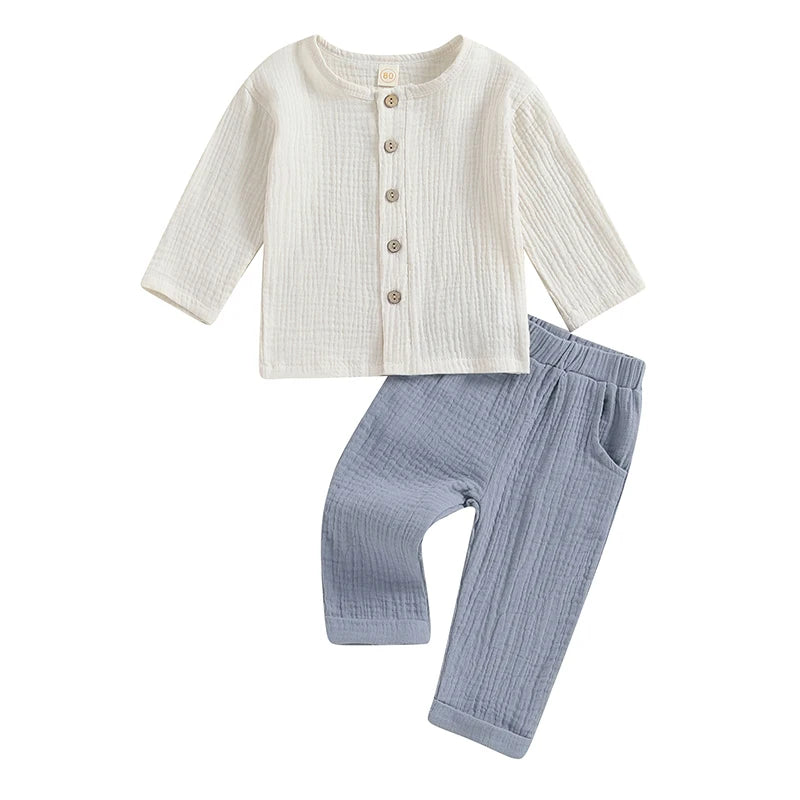 VISgogo 2pcs Kids Baby Boys Outfit Button Down Long Sleeve T-shirt with Solid Color Long Pants Linen Spring Fall Outfit