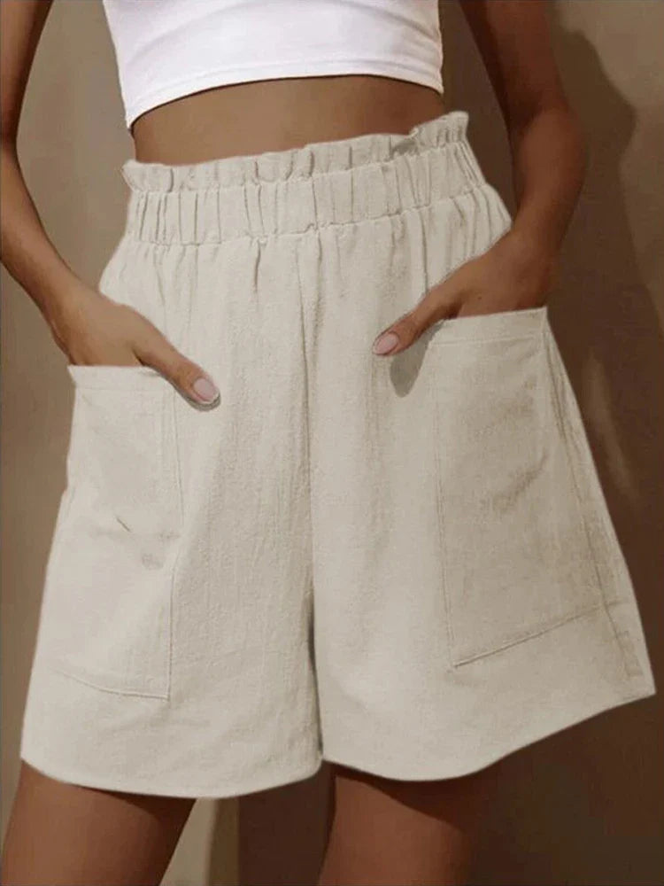 Summer New Loose Large Size Casual Shorts Women's Solid High Waist Casual Pants Two Pockets Wide Leg Pants Female Shorts Sport