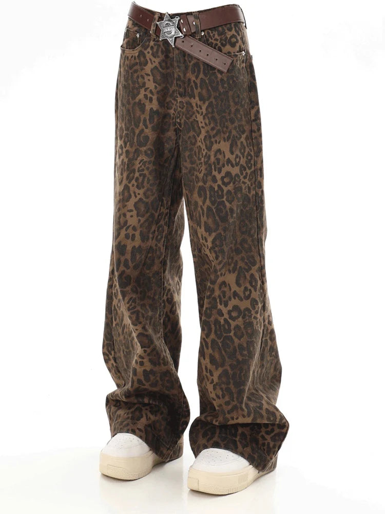 Baggy Leopard Print Y2k Jeans Women High Waisted Casual