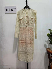 Formal attire Dresses: Women Hollow Out Dress Full Sleeves Patchwork Single Buttons