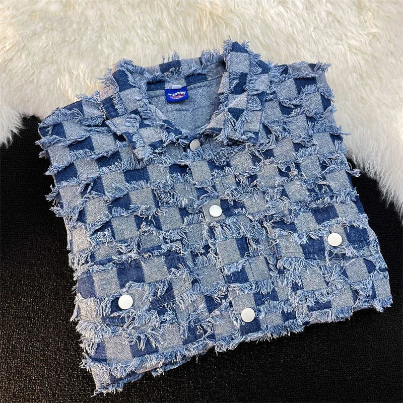 Spring Fashion Plaid Patch Men's Denim Coat Lapel Single Breasted Casual Loose Jacket