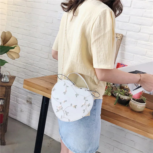 Female Sweet Lace Heart Round Handbags High Quality PU Leather Cross Body Bags