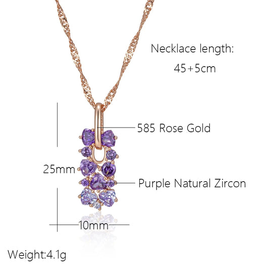 585 Rose Gold Color Crystal Flower Pendant Necklace for Women Purple