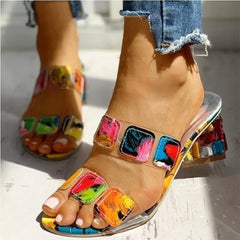 Sandals Women Square Heels Summer Sandals Peep Toe Ladies Multi Colors Wedge