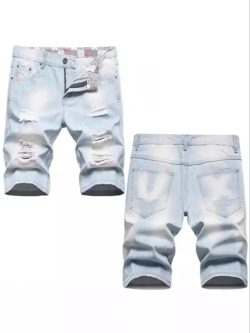 New Summer Men Blue Denim Shorts Italian Style Male Shorts Jeans High Quality Male Stretch Fit Ripped Denim Jeans Shorts Size 38