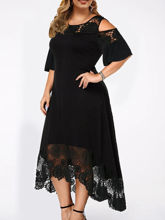 Fashion Women Summer Cold Shoulder Short Sleeve Lace Patchwork Elegant Party Dress