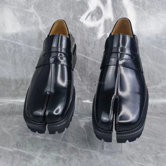 Split Toe Black Genuine Leather Shoes Loafers for Men Sheepskin Comfortable