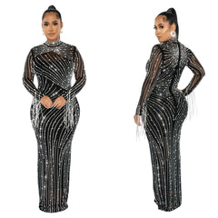 Evening Dresses: Luxury Women's Mesh Diamonds Long Sleeve Prom Dresses