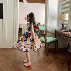 Girls' Set 2024 Summer Casual Dress Flying Sleeve Graffiti Painting Dress