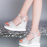 Women's Sandals 10cm Rhine-drill Buckle Thick Soled High Heels Ladies Casual Shoes