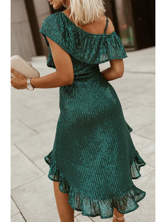 Plus Size Women's Slim Fit Green Off Shoulder Sequin Dress Ruffle