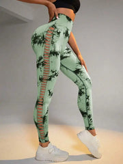 Women Tie Dye Hollow Out Leggings Sports Yoga Pants Fitness Sportswear