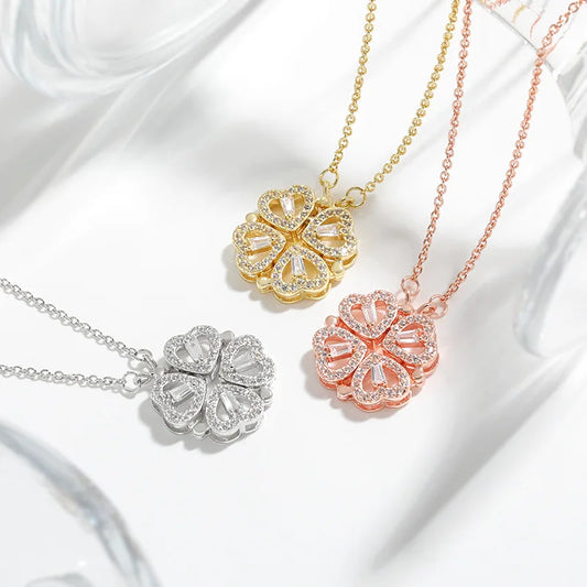 CARLIDANA Transform Luxury Four Leaf Clover Pendant Necklace Stainless Steel Crystal Gold Color Heart Jewelry for Women Gift