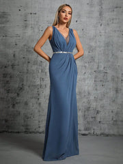 Homecoming Dresses: V-neck silver sequin belt pleated chiffon slit skirt Party Dress
