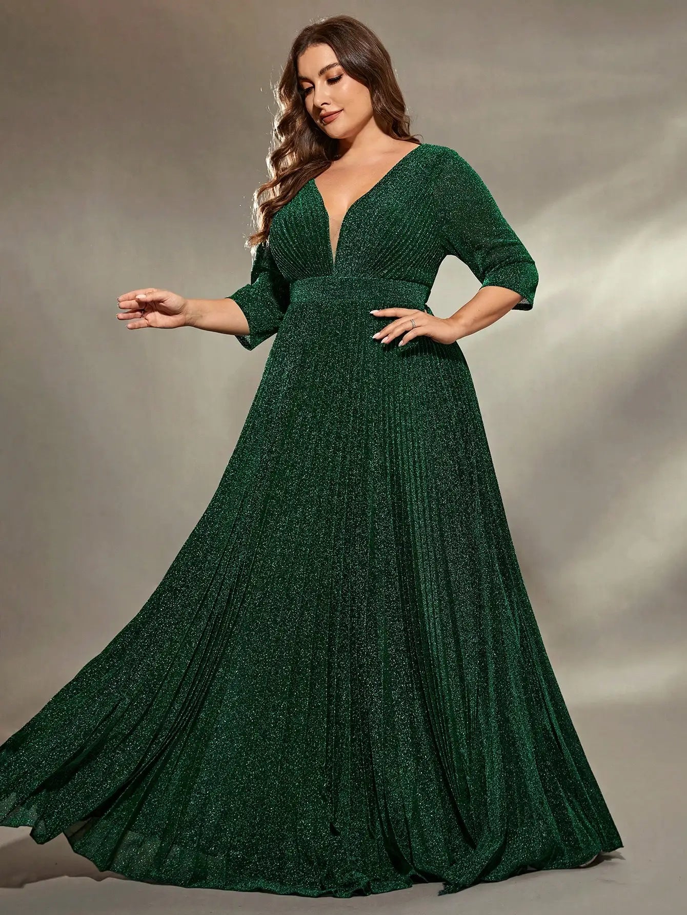 Mgiacy plus size V-neck pleated sequin maxi gown Evening gown Ball dress