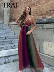 Evening Dresses: Elegant Dress Deep V Neck Spaghetti Strap Tie Dye Printed