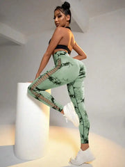 Women Tie Dye Hollow Out Leggings Sports Yoga Pants Fitness Sportswear