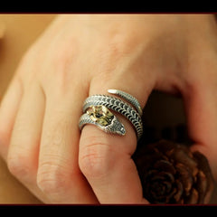 925 Sterling Silver Male Big Ring Elegant Horned snake Open Ring Finger