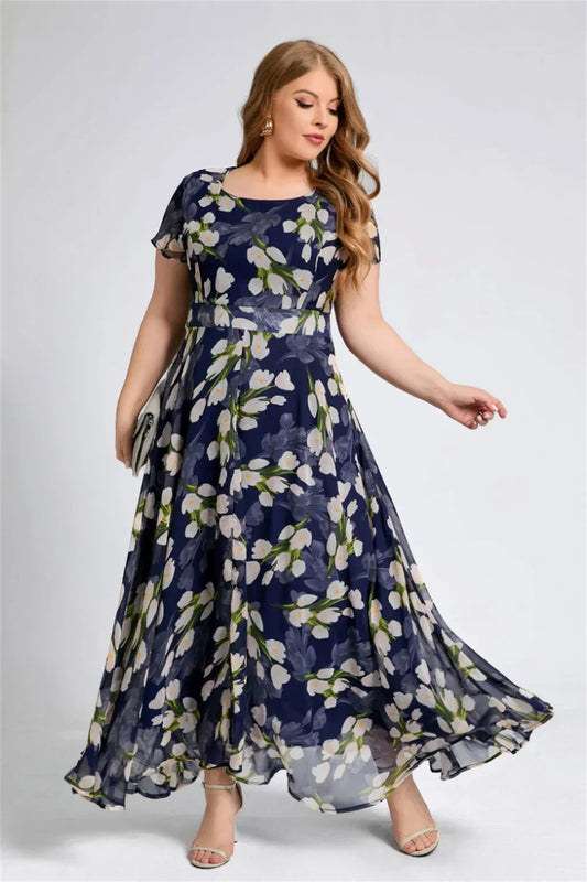 Plus Size Women Floral Printing Dress Short Sleeve Round Neck Chiffon