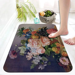 Retro floral oil painting printed area rug non-slip absorbent bathroom toilet entrance