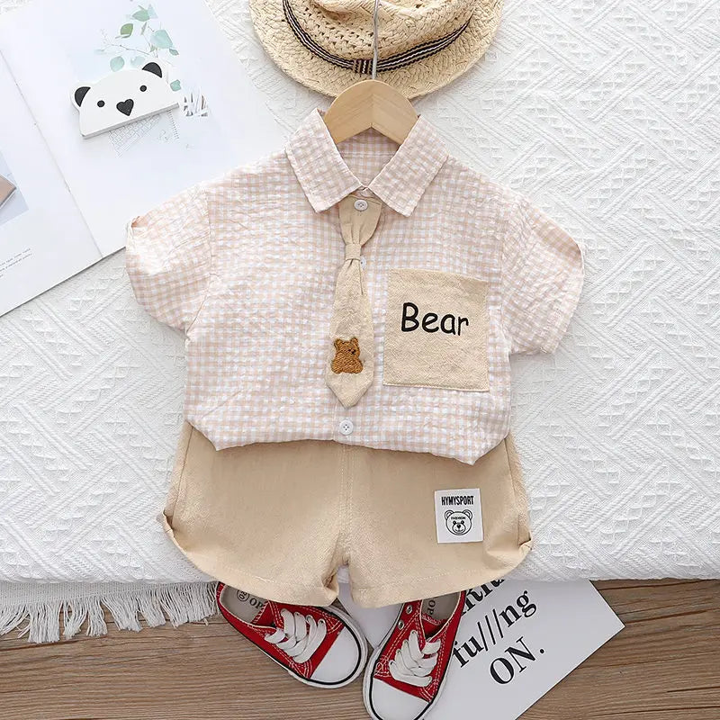 Summer Casual Plaid T-Shirt And Pants Set with Tie for Baby Boys Cotton Toddler Outfit 2Pcs Clothing Suit Kids Clothing