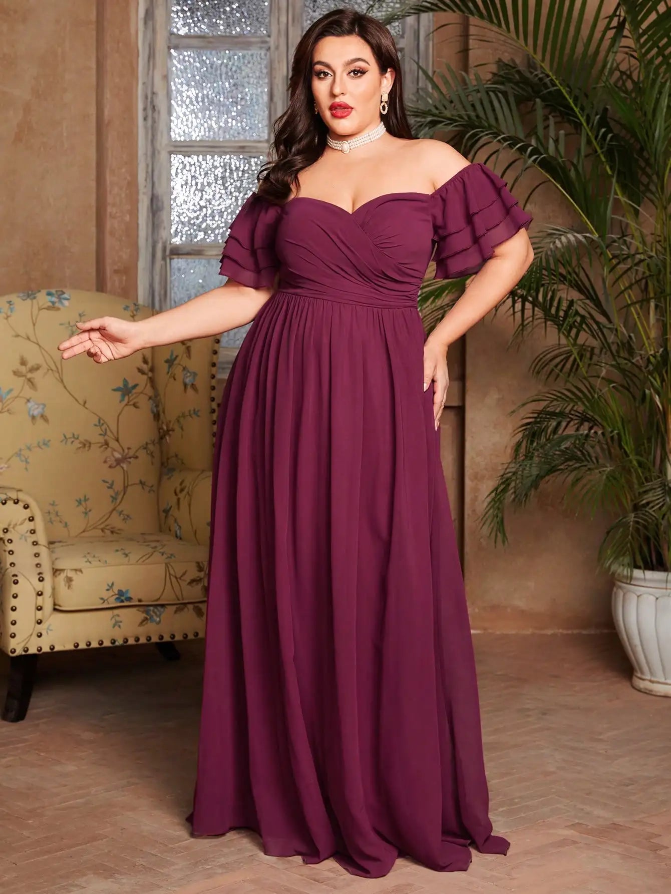 Mgiacy plus size Line neck irregular folding multi-layer lotus sleeve chiffon full skirt