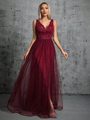 Homecoming Dresses: V-neck 3d sequin embroidered mesh slit skirt