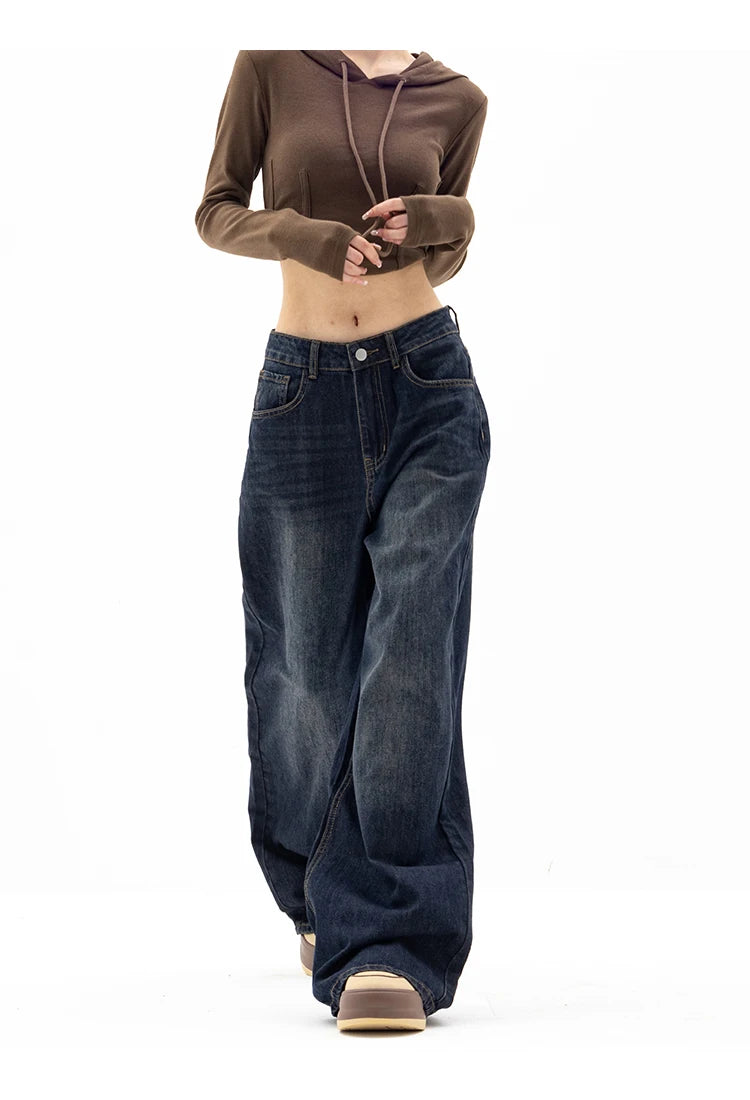 Streetwear Vintage High Waist Loose Straight Jeans Pants Korean Fashion Women's