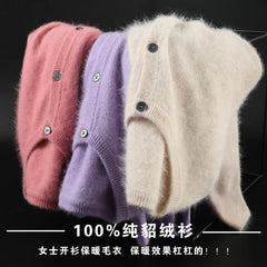 Women Cardigan Large Size Warm Pure Mink Cashmere Sweaters O-neck Loose Coat