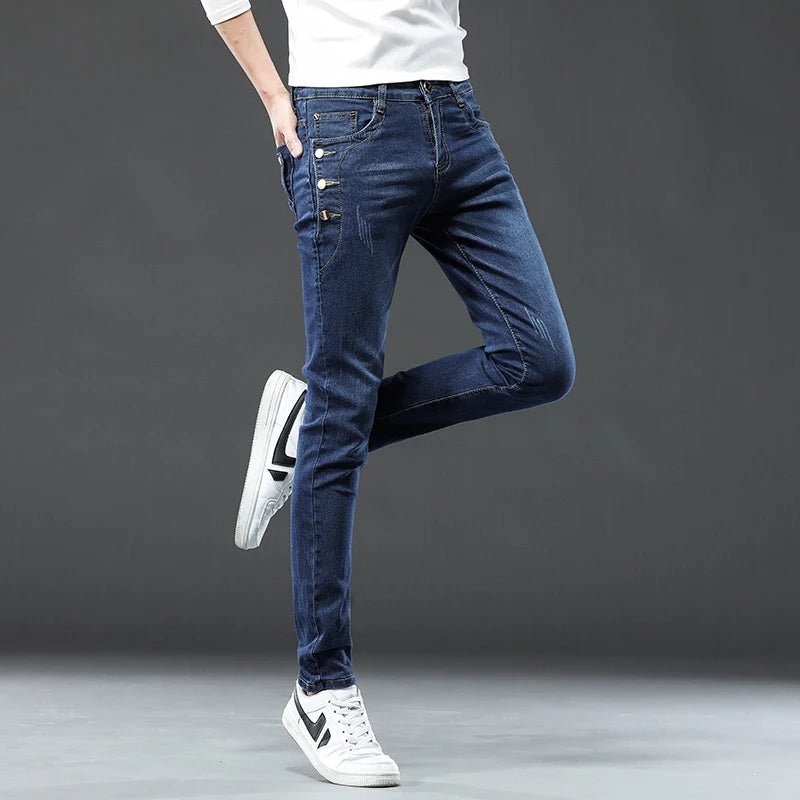 3 Colors 2023 Men Cotton Jeans Korean Style Stretch Slim Fit Denim Pants