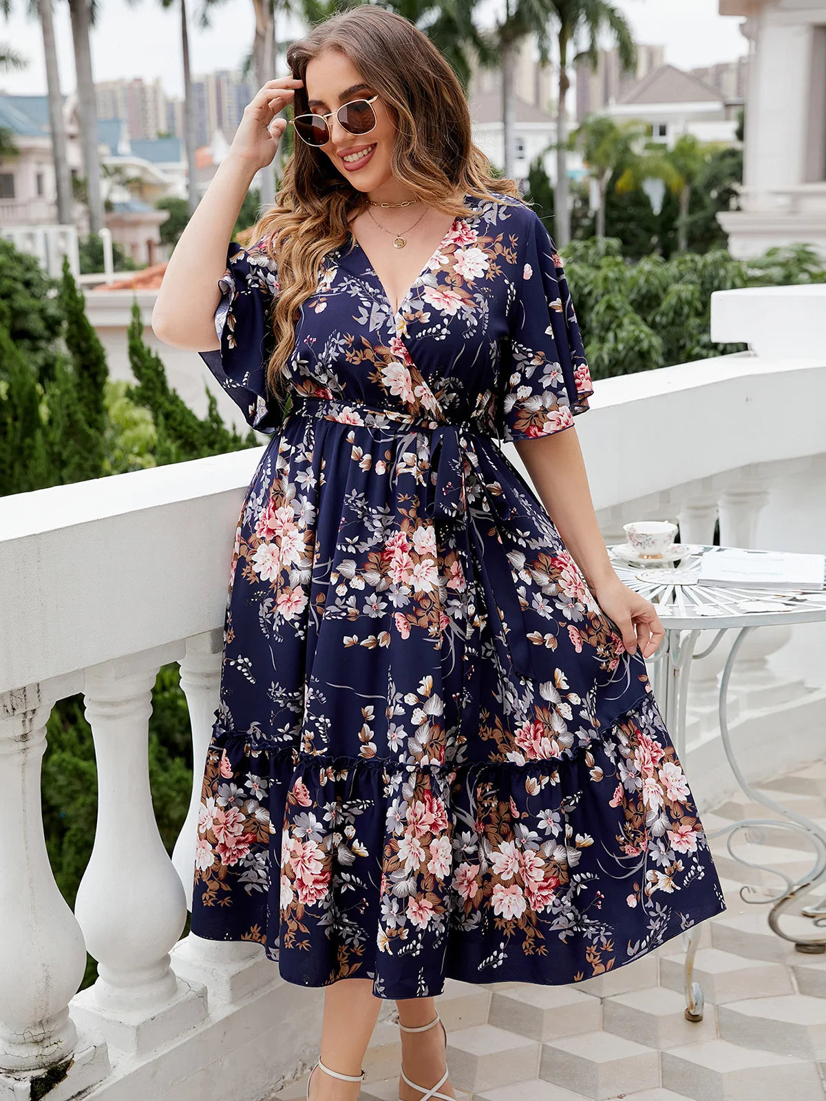 Plus Size Womens Deep V Neck Ruffle Sleeve Dress Wrap Belt Blue Robe Summer Casual