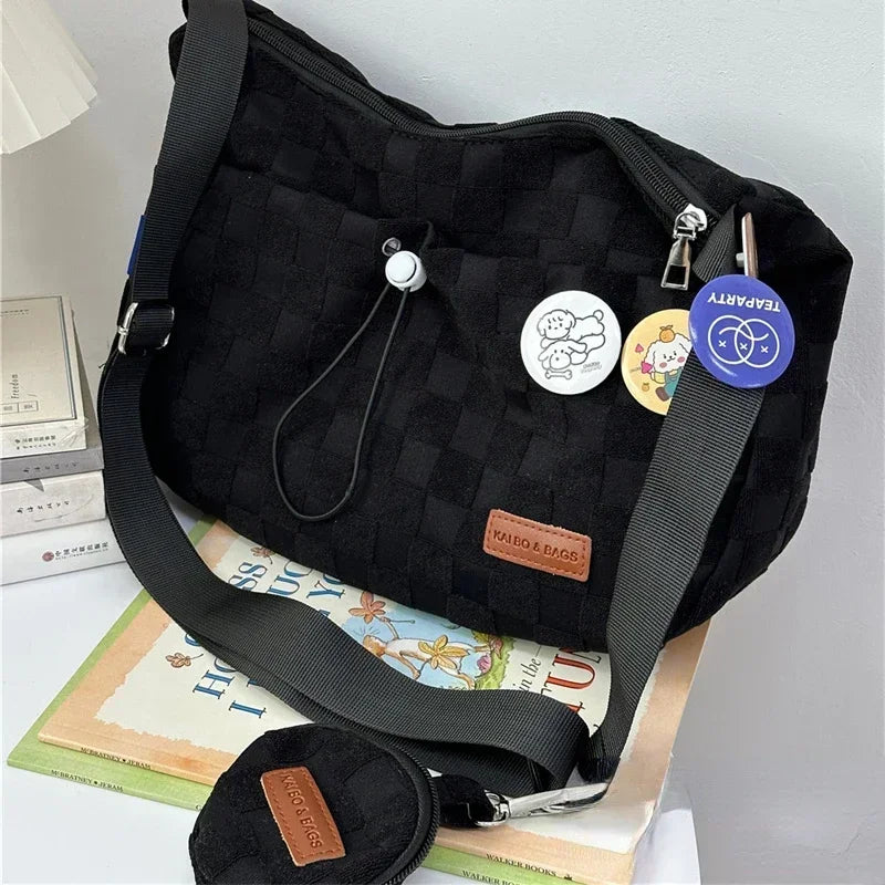 Harajuku Style College Crossbody Bag Solid Color Plaid Print Large Capacity