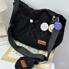 Harajuku Style College Crossbody Bag Solid Color Plaid Print Large Capacity