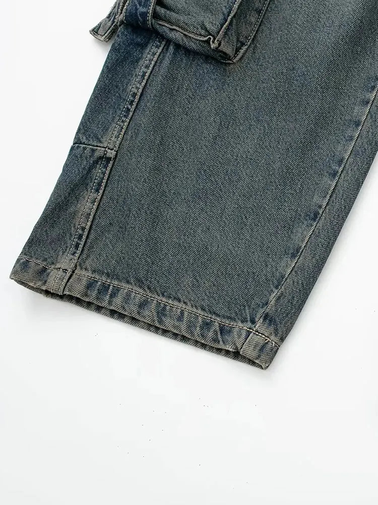 Woman Mid Waist Vintage Street Hot Baby For Pocket Workwear Denim Cargo Long Pants