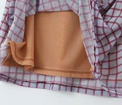 Ruched U Collar Contrast Color Plaid Print Mini Mesh Sling Dress Women