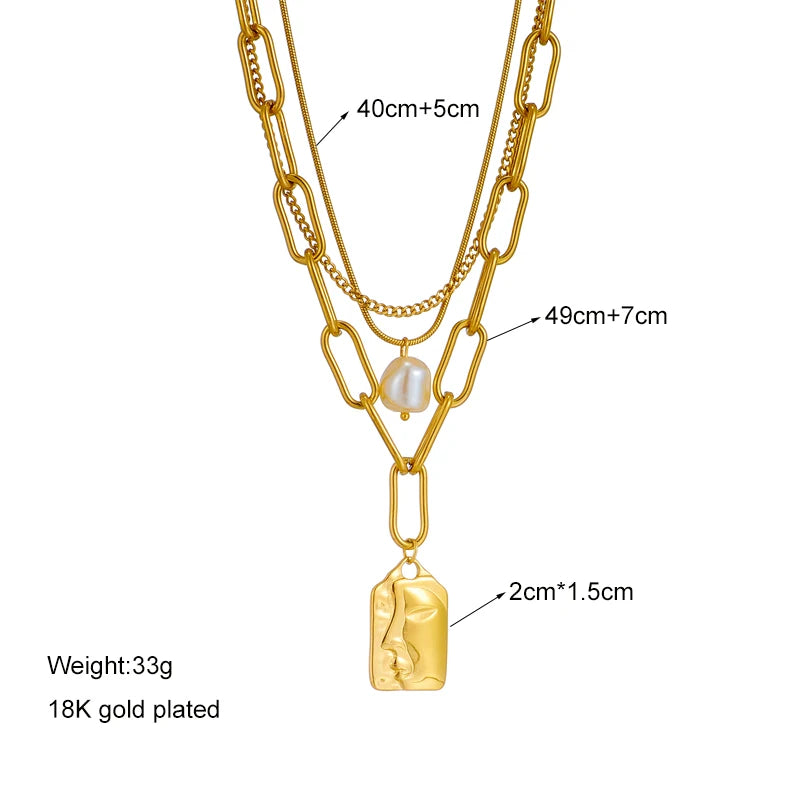 Stainless Steel 3-Layer Pearl Square Portrait Pendant Necklace For Women Punk Street