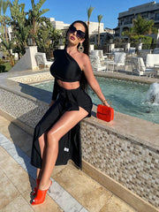 Evening Dresses: Black Long Dress Women Diagonal Collar One-Shoulder