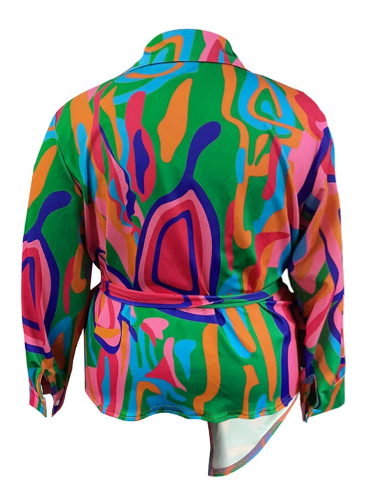 5XL LW Plus Size Spring Women Bandage Design Long Sleeve Turndown Collar