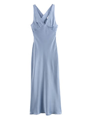 Lulus Slate Blue Satin Twist-Back Maxi Dress Womens