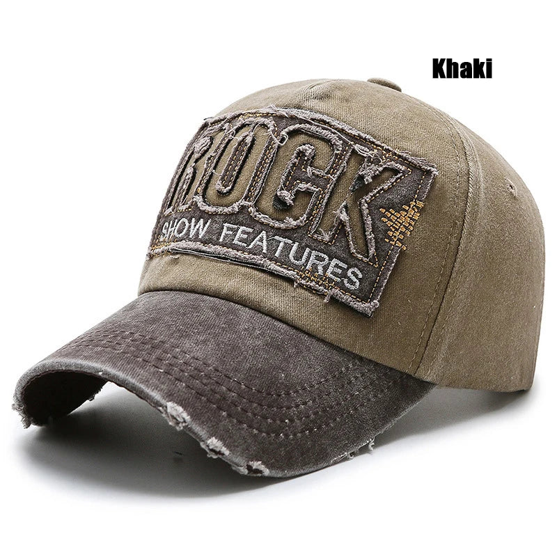 ROCK Letters Embroidered Patch Ripped Brushed Washed Distressed Design Style Unisex Cotton Adjustable Baseball Cap