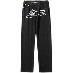 Hip Hop Flying Dog Print Jeans for Men High Street Straight Loose Wide leg Pants